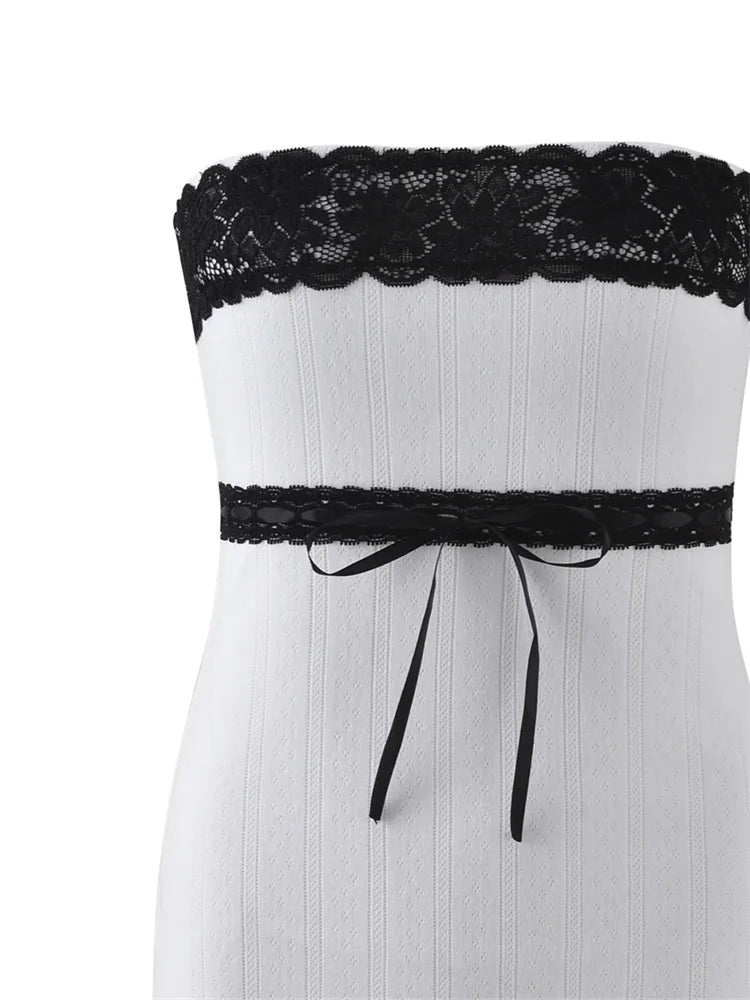 Shoulder Off Lace Trim Tube Mini Dresses