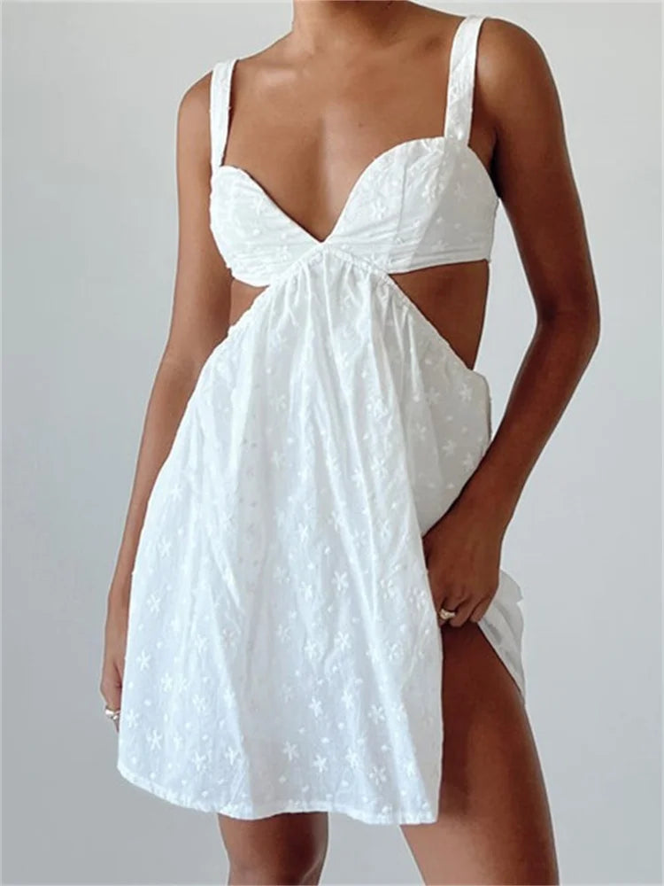 Sleeveless VNeck Backless Hollow Out Lace Mini Dresses