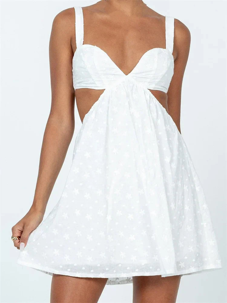 Sleeveless VNeck Backless Hollow Out Lace Mini Dresses