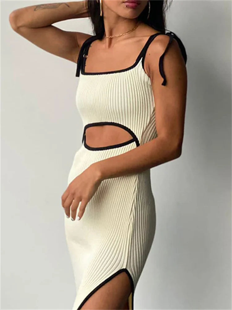 Waist LaceUp Cutout Hollow Out Side Split Sleeveless Midi Dress