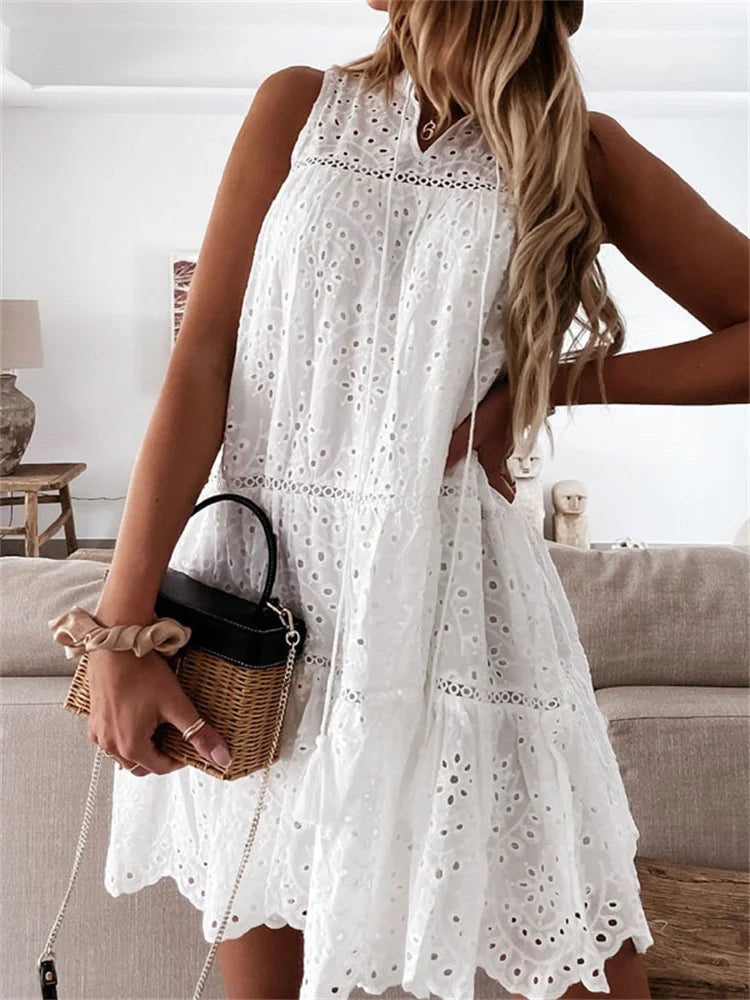 Plain Boho Lace Hollow Out Party Mini Dresses