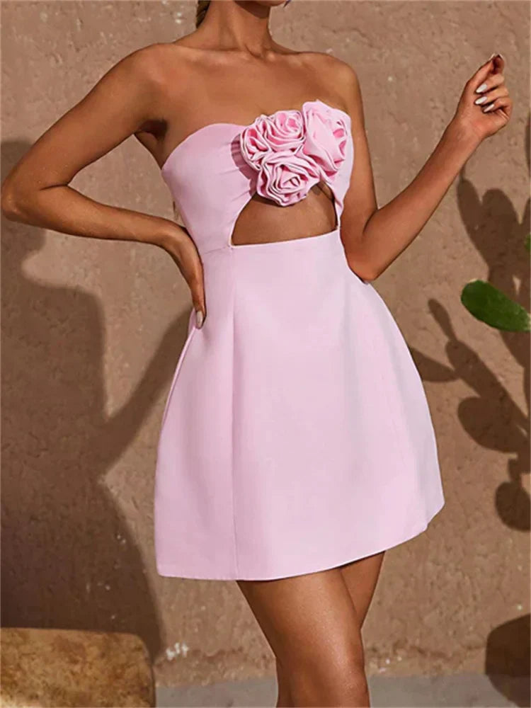 Backless Cutout Aesthetic 3D Flowers Patchwork Strapless Mini Dresses