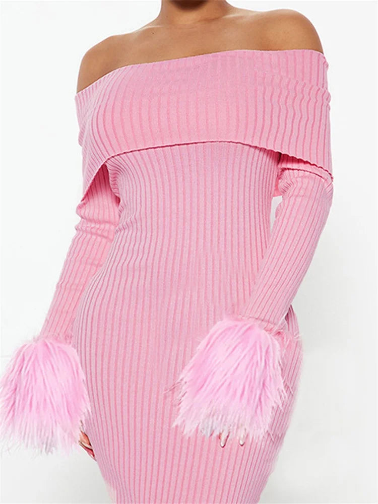 Long Knitted Sleeve OffShoulder Fur Patchwork Ribbed Bodycon Midi Dress
