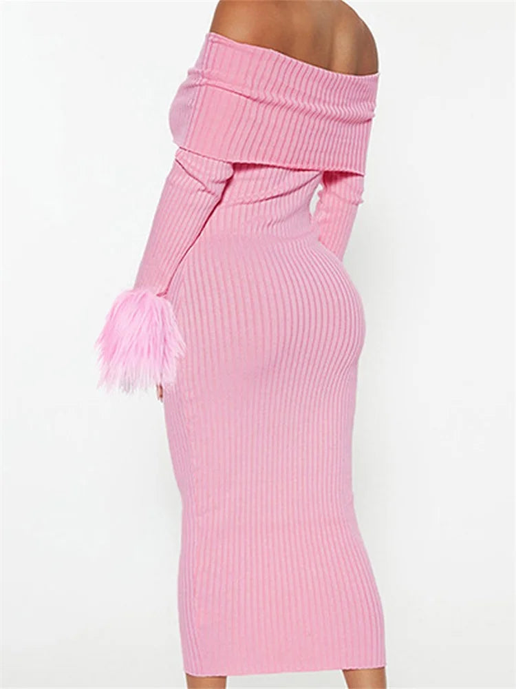 Long Knitted Sleeve OffShoulder Fur Patchwork Ribbed Bodycon Midi Dress