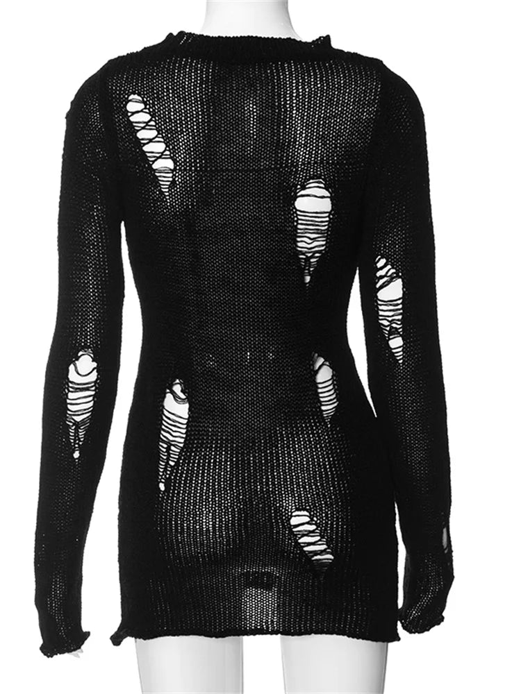 Round Knitted Neck Hollow Out See Through Bodycon Mini Dresses