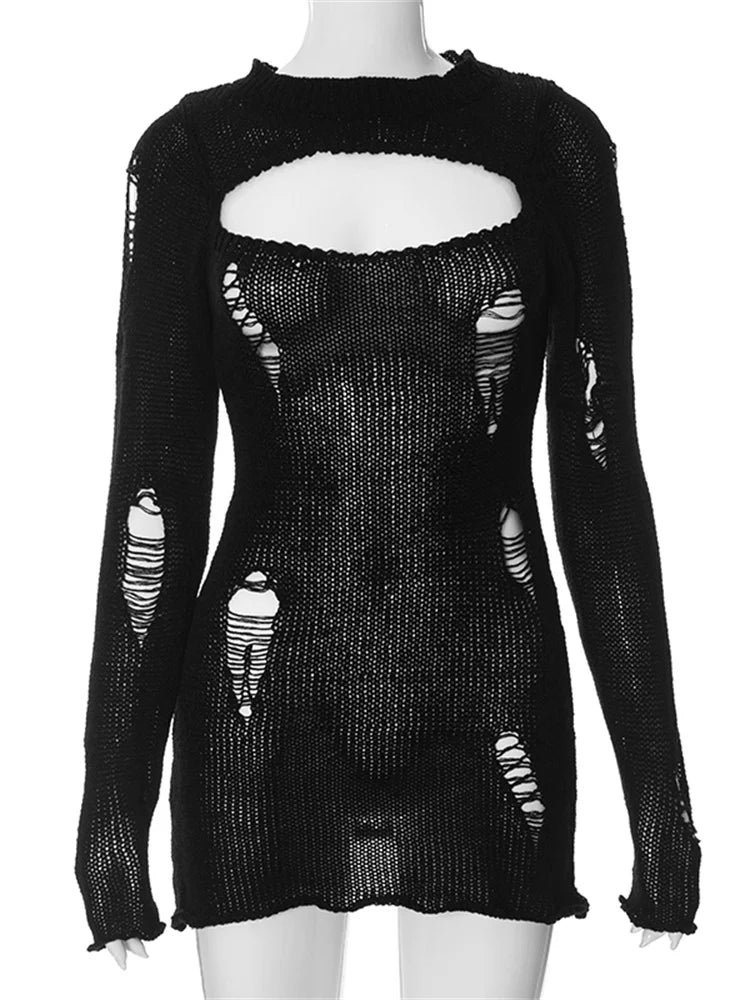 Round Knitted Neck Hollow Out See Through Bodycon Mini Dresses