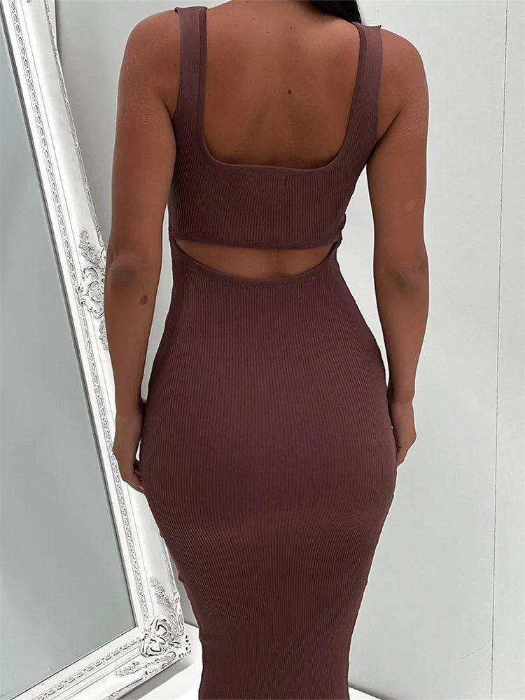 Ribbed Knitted Sleeveless Square Neck Solid Color Slim Backless Midi Dress