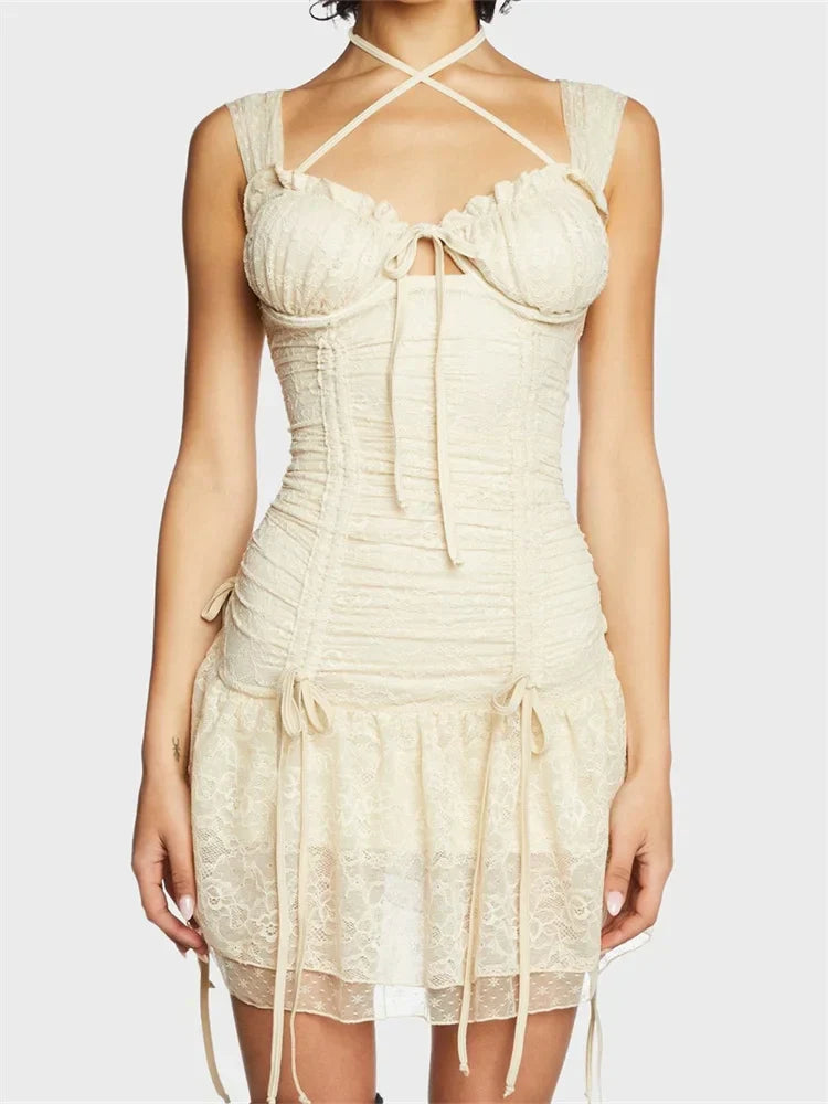 Lace Bloom Ruched Sleeveless Strap Mini Dresses