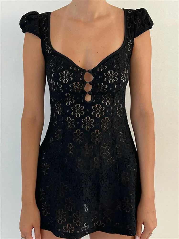 Lace Flower Vneck ALine Mini Dresses