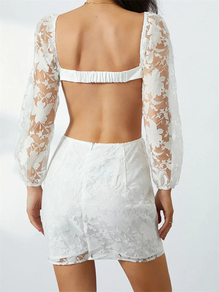 Long Sleeve V Neck Tieup Backless Botanical See Through Mini Dresses
