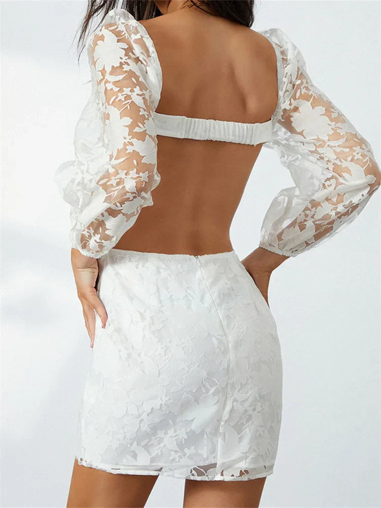 Long Sleeve V Neck Tieup Backless Botanical See Through Mini Dresses