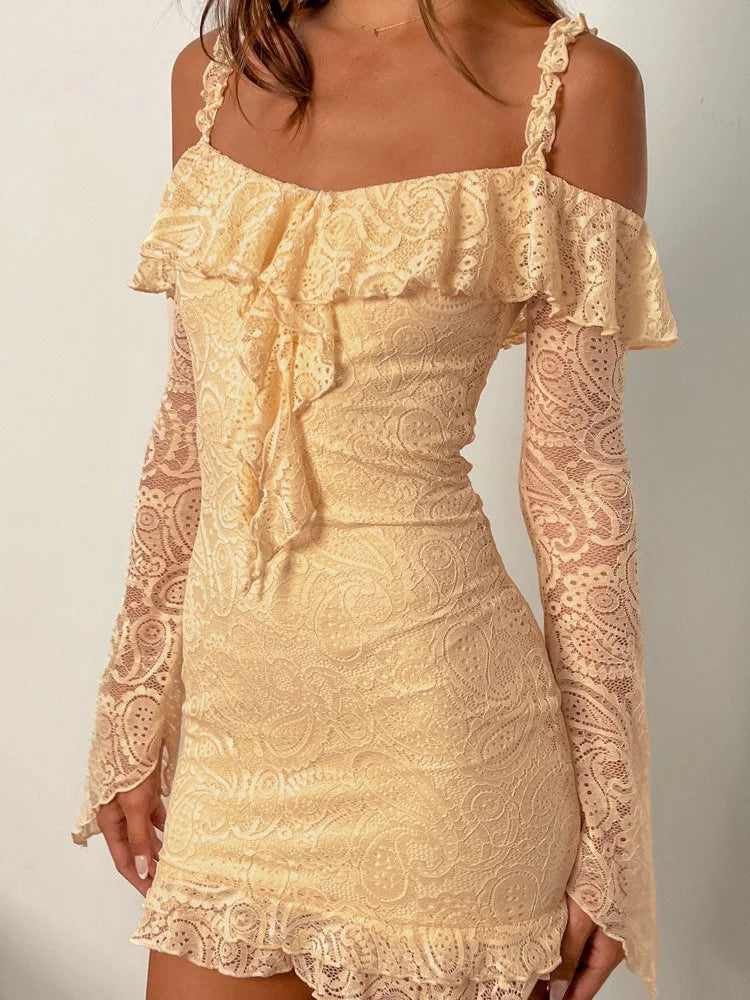 Lace Romantic OffShoulder Ruffled Mini Dresses