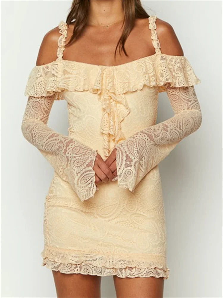 Lace Romantic OffShoulder Ruffled Mini Dresses