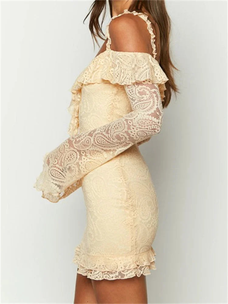 Lace Romantic OffShoulder Ruffled Mini Dresses