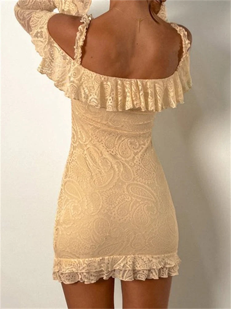 Lace Romantic OffShoulder Ruffled Mini Dresses