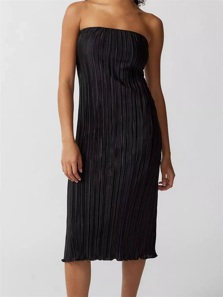 Ruched Laidback Tube Strapless Off Shoulder Solid Color Slim Fit Midi Dress