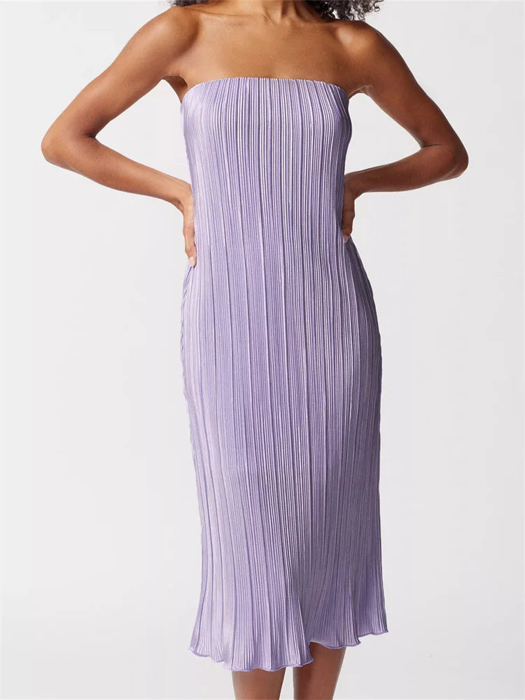 Ruched Laidback Tube Strapless Off Shoulder Solid Color Slim Fit Midi Dress