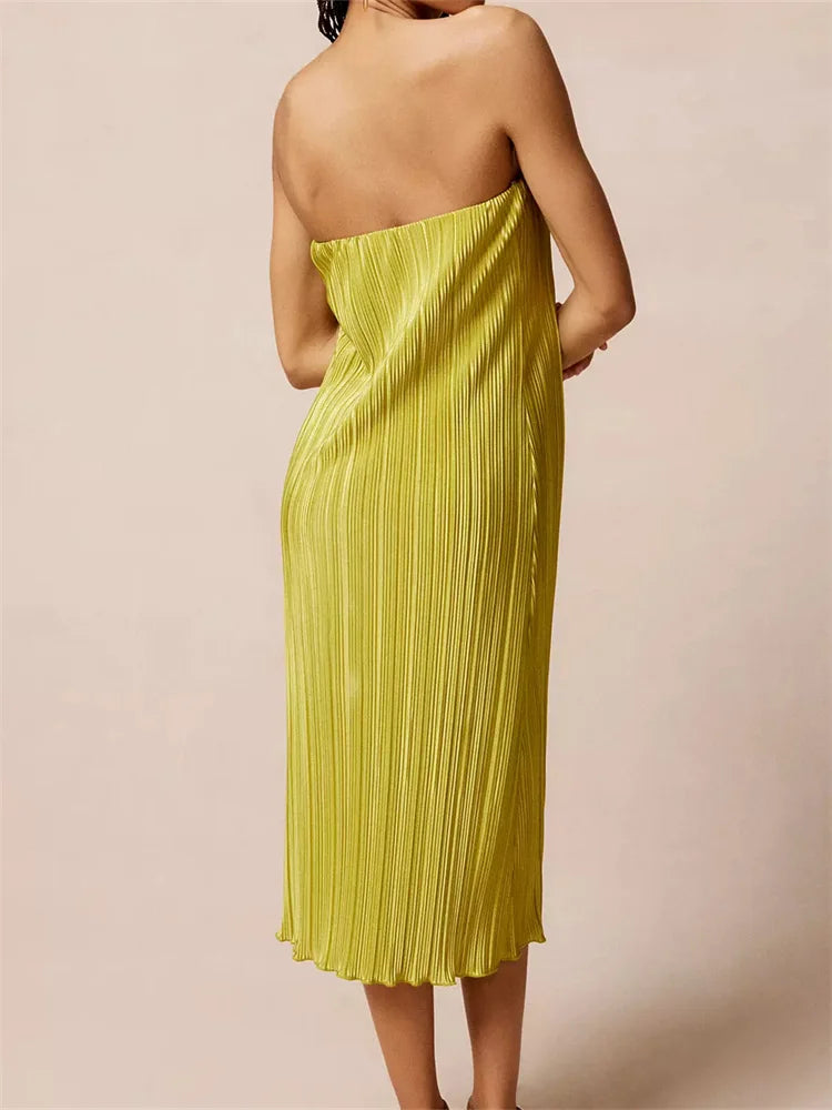Ruched Laidback Tube Strapless Off Shoulder Solid Color Slim Fit Midi Dress