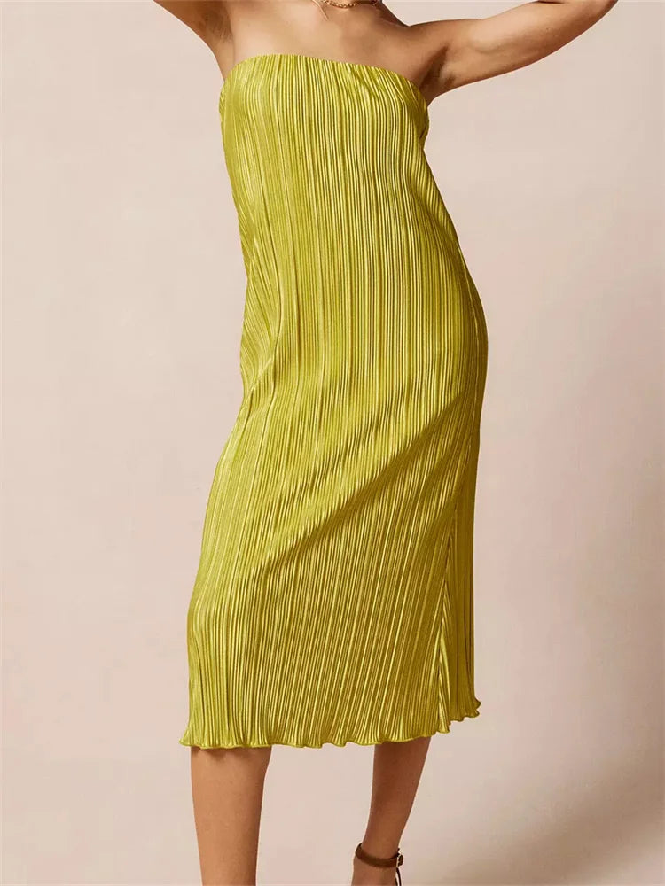 Ruched Laidback Tube Strapless Off Shoulder Solid Color Slim Fit Midi Dress