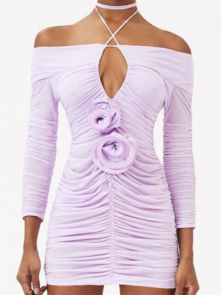 Shoulder Off Long Sleeve TieUp Mini Dresses
