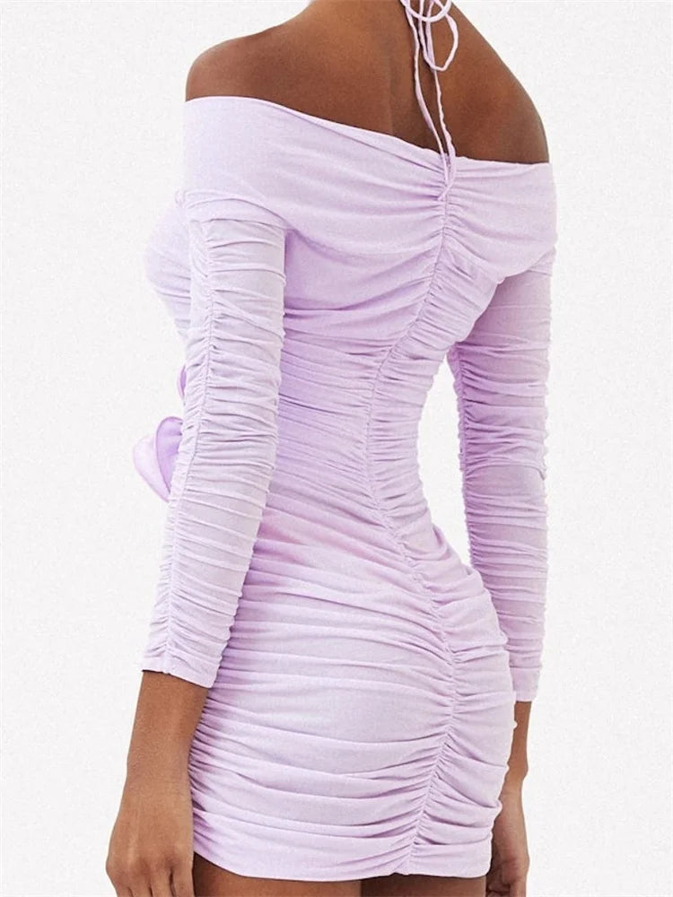 Shoulder Off Long Sleeve TieUp Mini Dresses