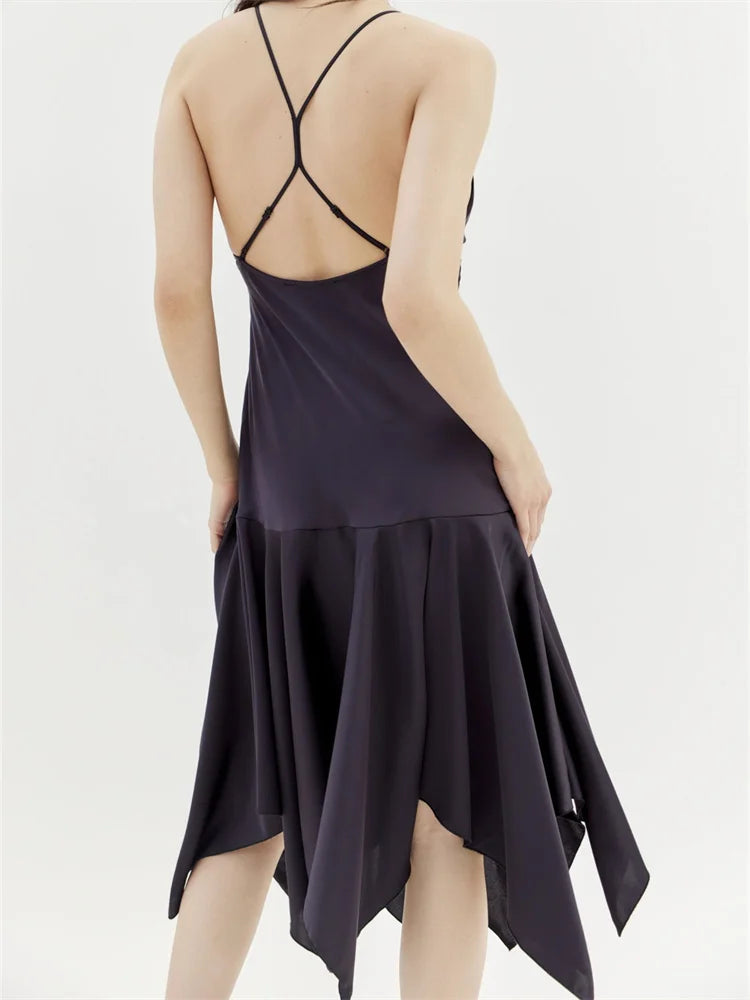 Deep Sleeveless VNeck Backless CrissCross Pleated Party Midi Dress
