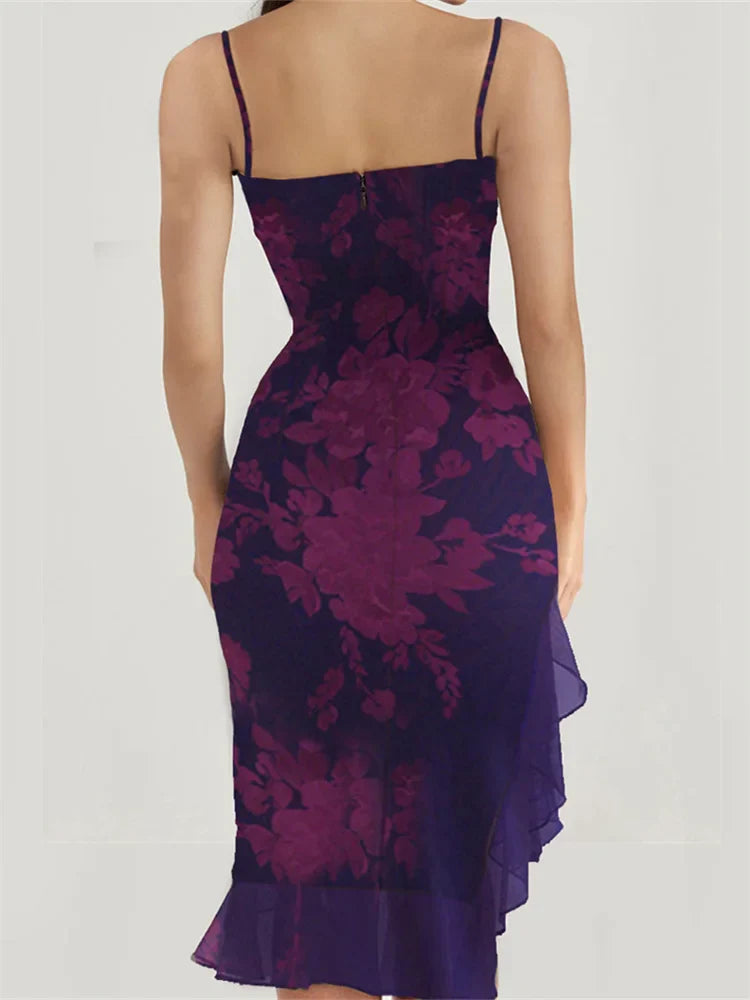Sleeveless Strap Bloom Print Ruffles Irregular Hem Party Midi Dress