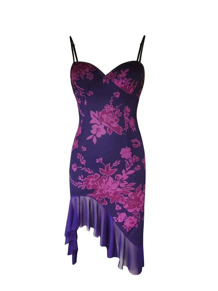 Sleeveless Strap Bloom Print Ruffles Irregular Hem Party Midi Dress