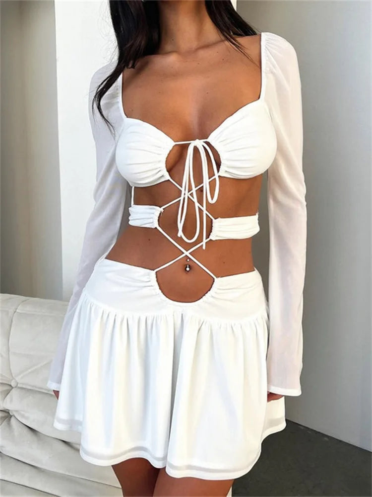 CrissCross Solid TieUp Long Sleeve Mini Dresses