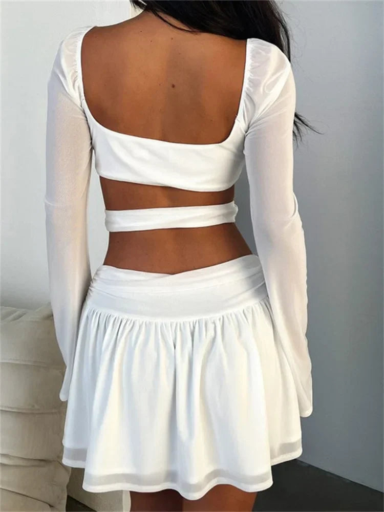 CrissCross Solid TieUp Long Sleeve Mini Dresses