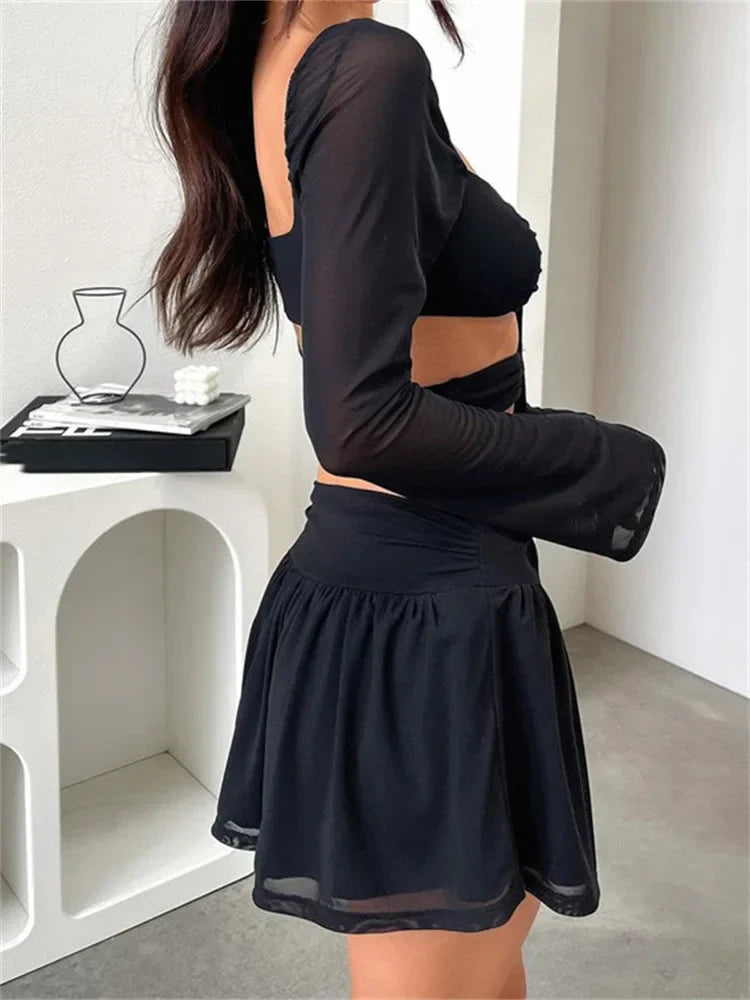 CrissCross Solid TieUp Long Sleeve Mini Dresses