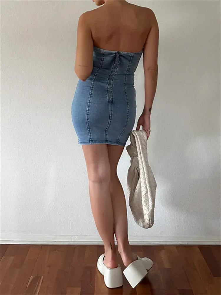 Off Denim Shoulder Slim Pencil Mini Dresses