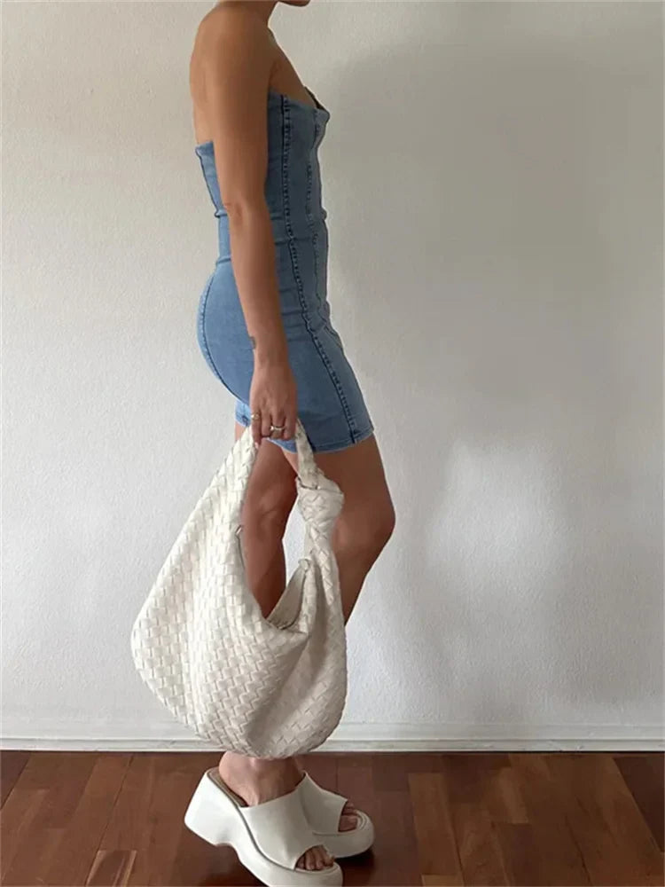 Off Denim Shoulder Slim Pencil Mini Dresses