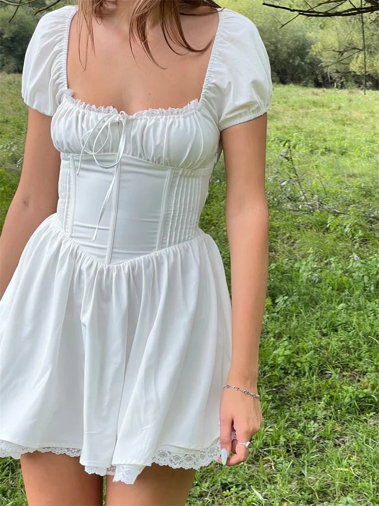 Lace Corset Front TieUp Short Sleeve Mini Dresses
