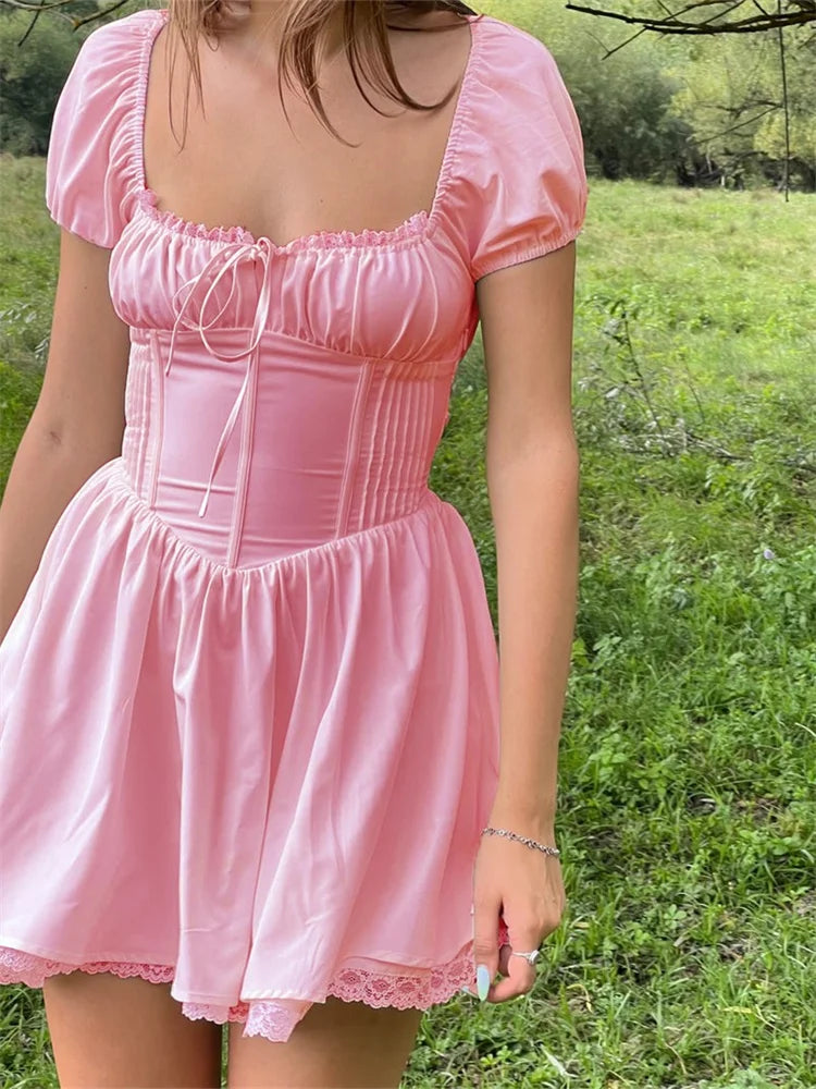Lace Corset Front TieUp Short Sleeve Mini Dresses