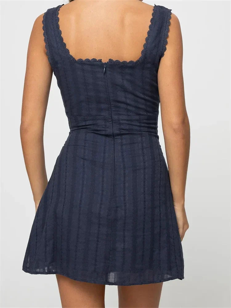 Trim Lace Aline Solid Color Square Neck Mini Dresses