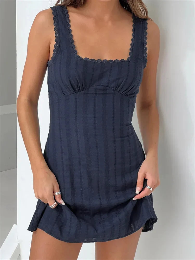 Trim Lace Aline Solid Color Square Neck Mini Dresses