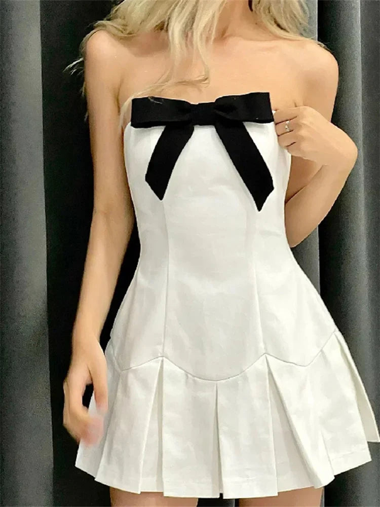Patchwork Bowknot Strapless Off Shoulder Tube Mini Dresses