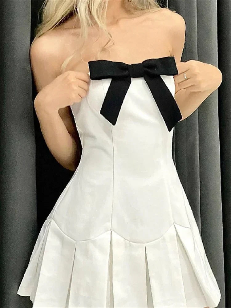 Patchwork Bowknot Strapless Off Shoulder Tube Mini Dresses