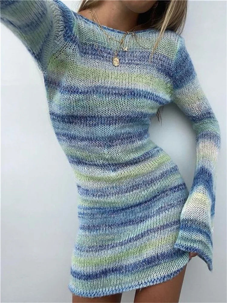 Striped Colorful Y2K Knitted Bodycon Mini Dresses