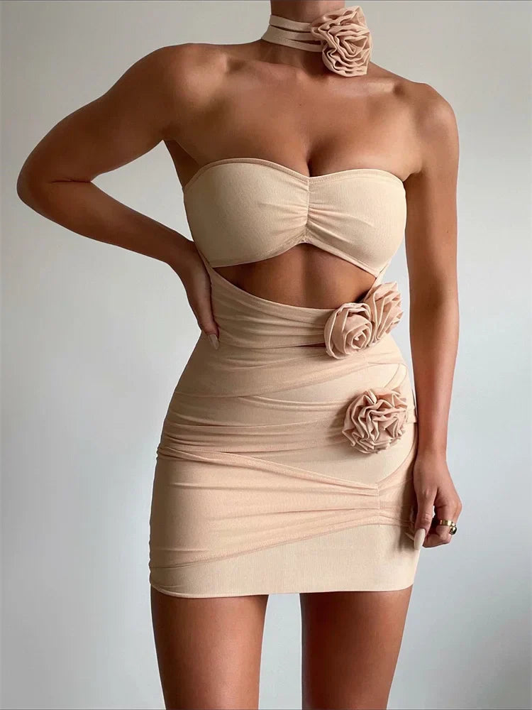 Flower 3D Hollow Out Slim Party Mini Dresses