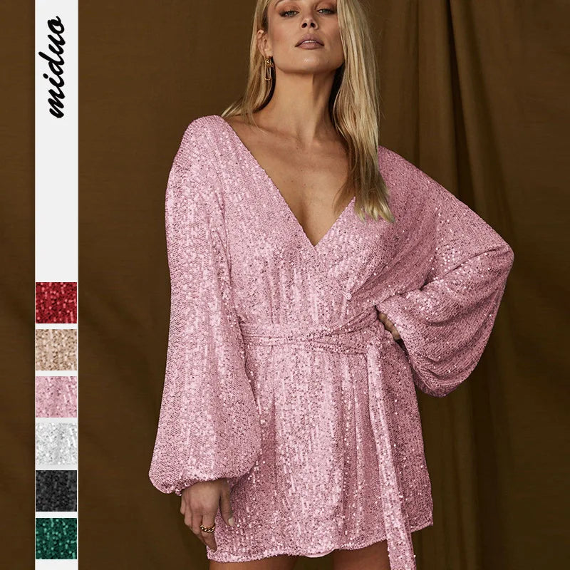 Sequin Sophisticated Lantern Bodycon Traf Midi Dresses