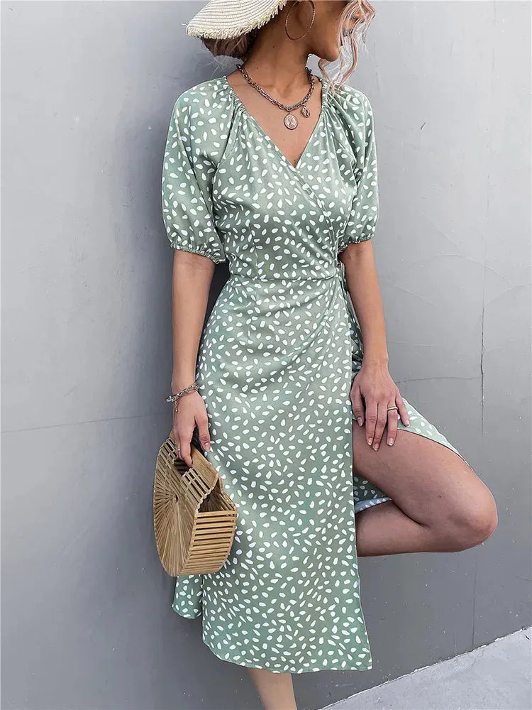 Easygoing Chiffon Side Wrap Polka Dot Puff Aline Split Midi Dresses