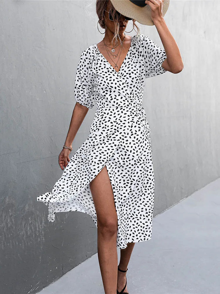 Easygoing Chiffon Side Wrap Polka Dot Puff Aline Split Midi Dresses