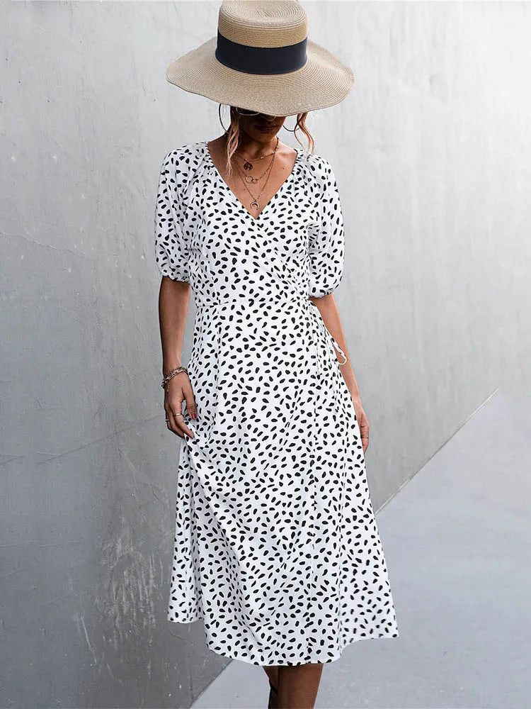 Easygoing Chiffon Side Wrap Polka Dot Puff Aline Split Midi Dresses