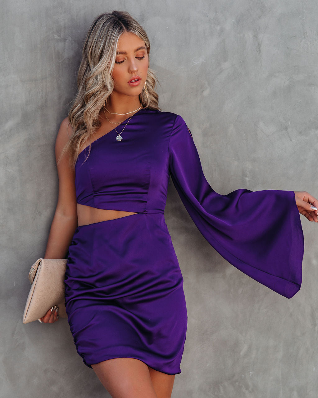 Satin Caydan One Shoulder Cutout Dress Plum FINAL