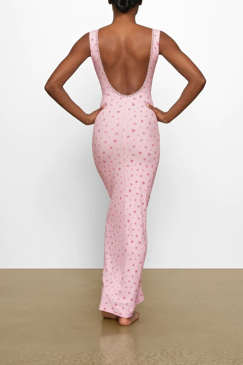 Sara Premium Cherry Red Backless Maxi Dress with Floral Print Signature Edit