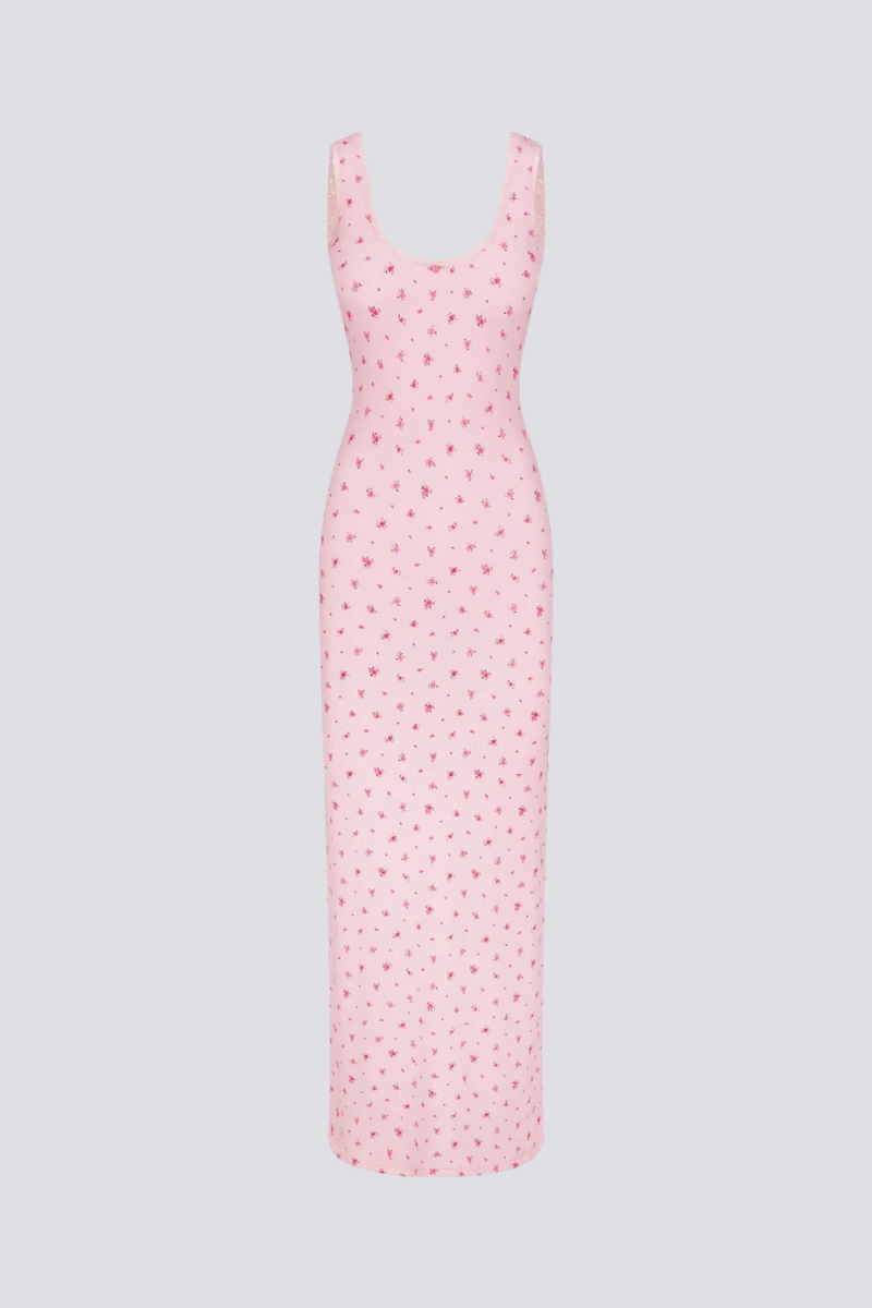 Sara Premium Cherry Red Backless Maxi Dress with Floral Print Signature Edit