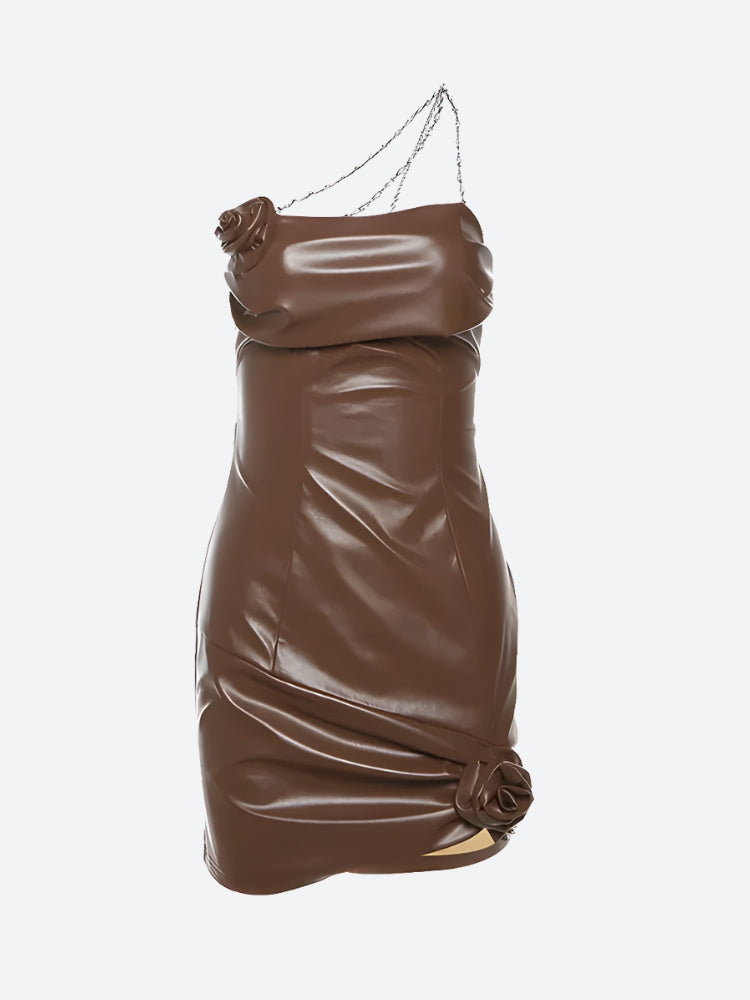 Strap Chain Faux Leather Mini Dress