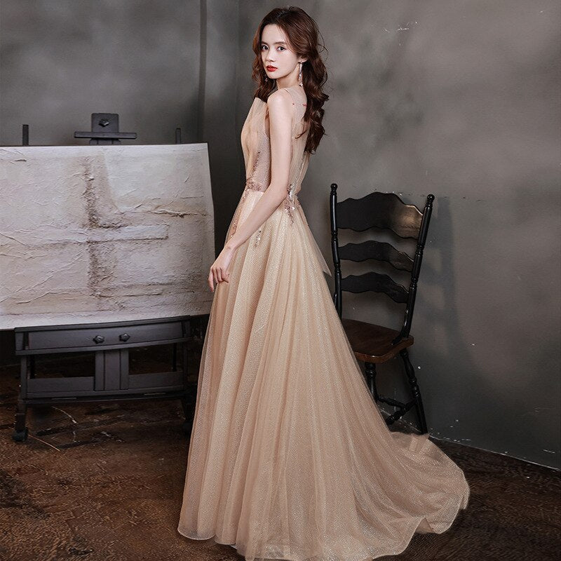 Kissnovaa - V-Neck Sleeveless Graceful Party Train Dress